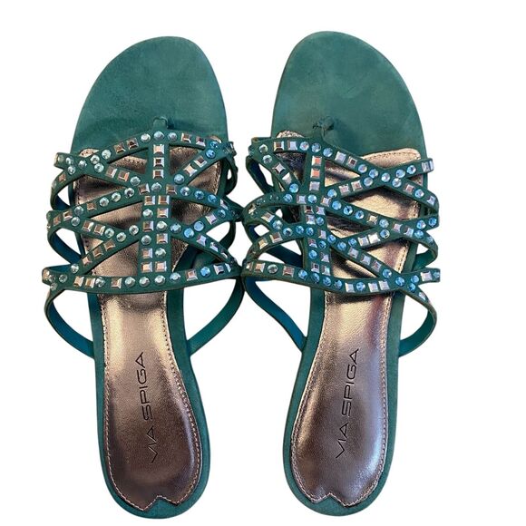 VIA‎ SPIGA DUSTIN Green Suede Jeweled Designer Fashion Thongs Sandals 7.5/ $155 - Picture 1 of 10